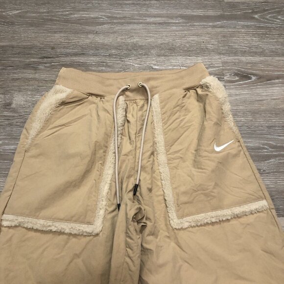 Nike Womens Jogger Pants High Rise‎ Loose Fit Sherpa Teddy Trim Tan Size Small - Picture 2 of 6